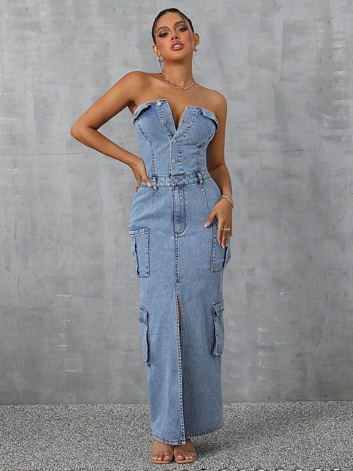 Slit Half Button Tube Denim Dress Light