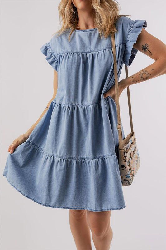 Ruffled Round Neck Cap Sleeve Denim Dress Medium