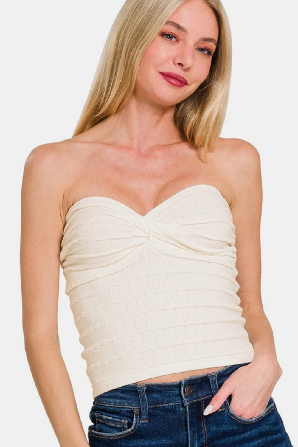 Zenana Ruched Twisted Sweetheart Neck Top Ivory