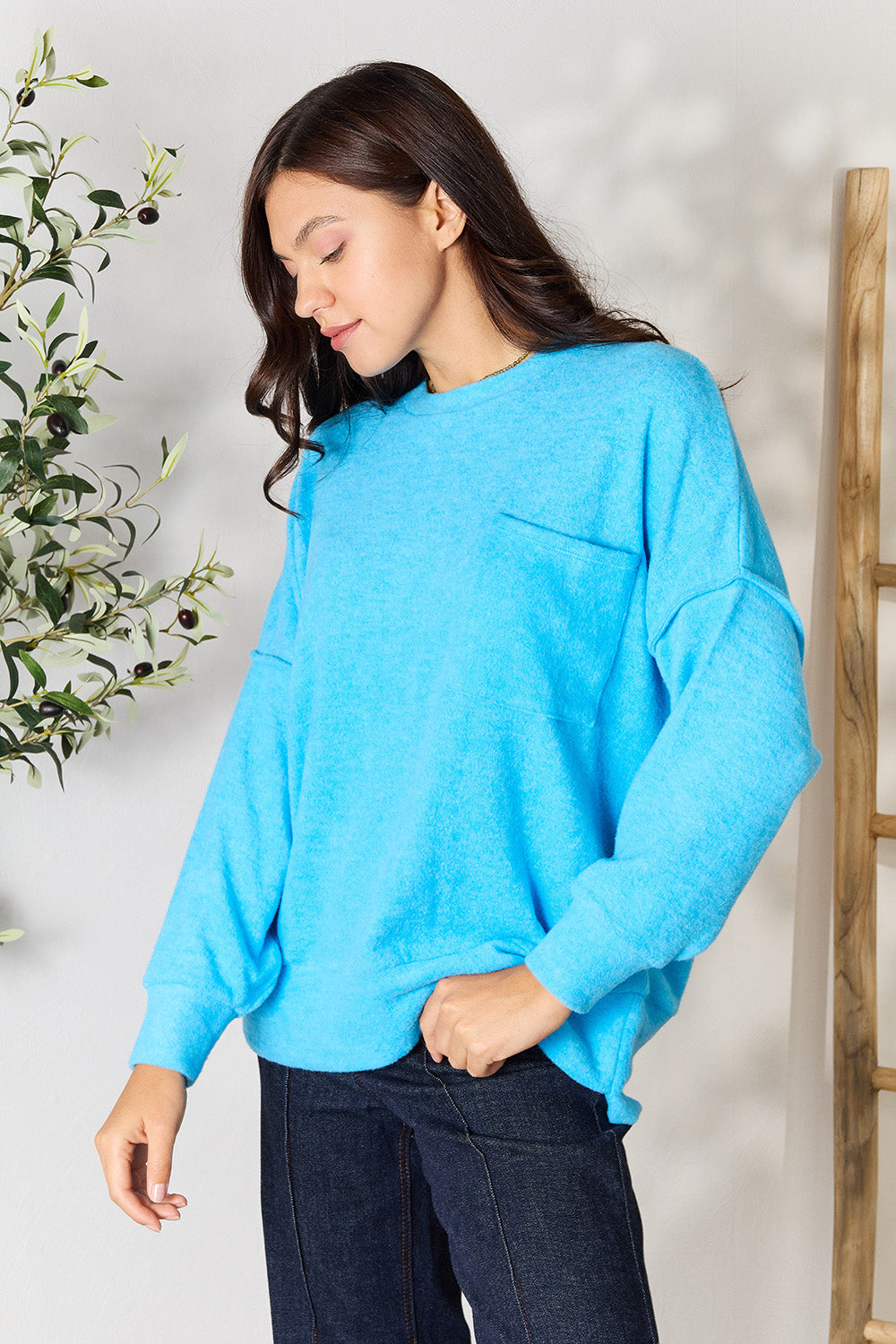 Zenana Round Neck Long Sleeve Sweater with Pocket