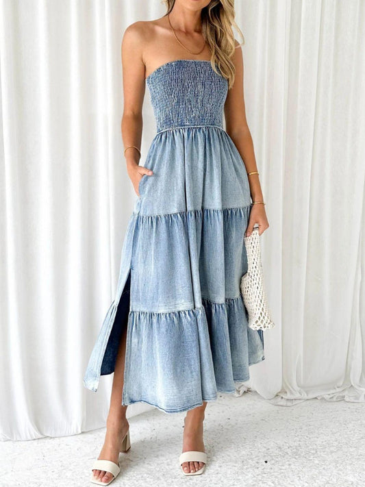 Slit Smocked Tube Tiered Denim Dress Dusty Blue