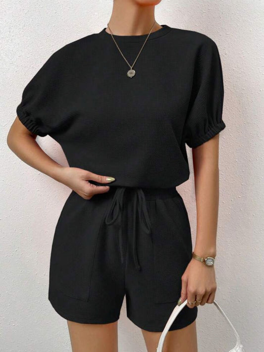 Waffle-Knit Round Neck T-Shirt and Pocketed Shorts Lounge Set Black