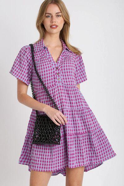 Umgee Full Size Gingham Tiered Button Detail Short Sleeve Dress Plus Size Red-Violet