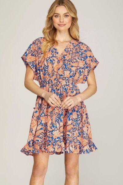 She + Sky Full Size Ruffled Hem Printed Surplice Kimono Sleeve Mini Dress Plus Size Royal Blue