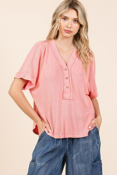 Mittoshop Mineral Wash Henley Short Sleeve Waffle Knit Top Lt Coral