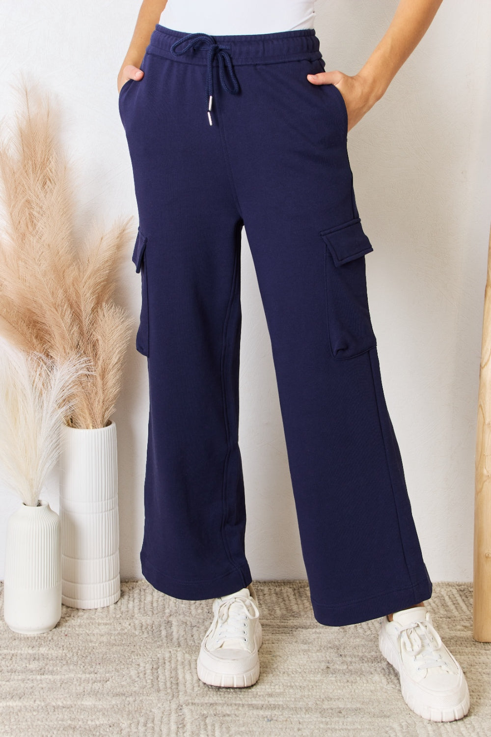 RISEN Drawstring Relaxed Cargo Wide Leg Pants Dark Blue