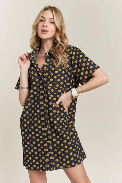 ADORA Floral Button-Up Mini Denim Dress Dark