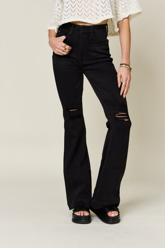 Judy Blue Full Size High Waist Distressed Flare Jeans Black