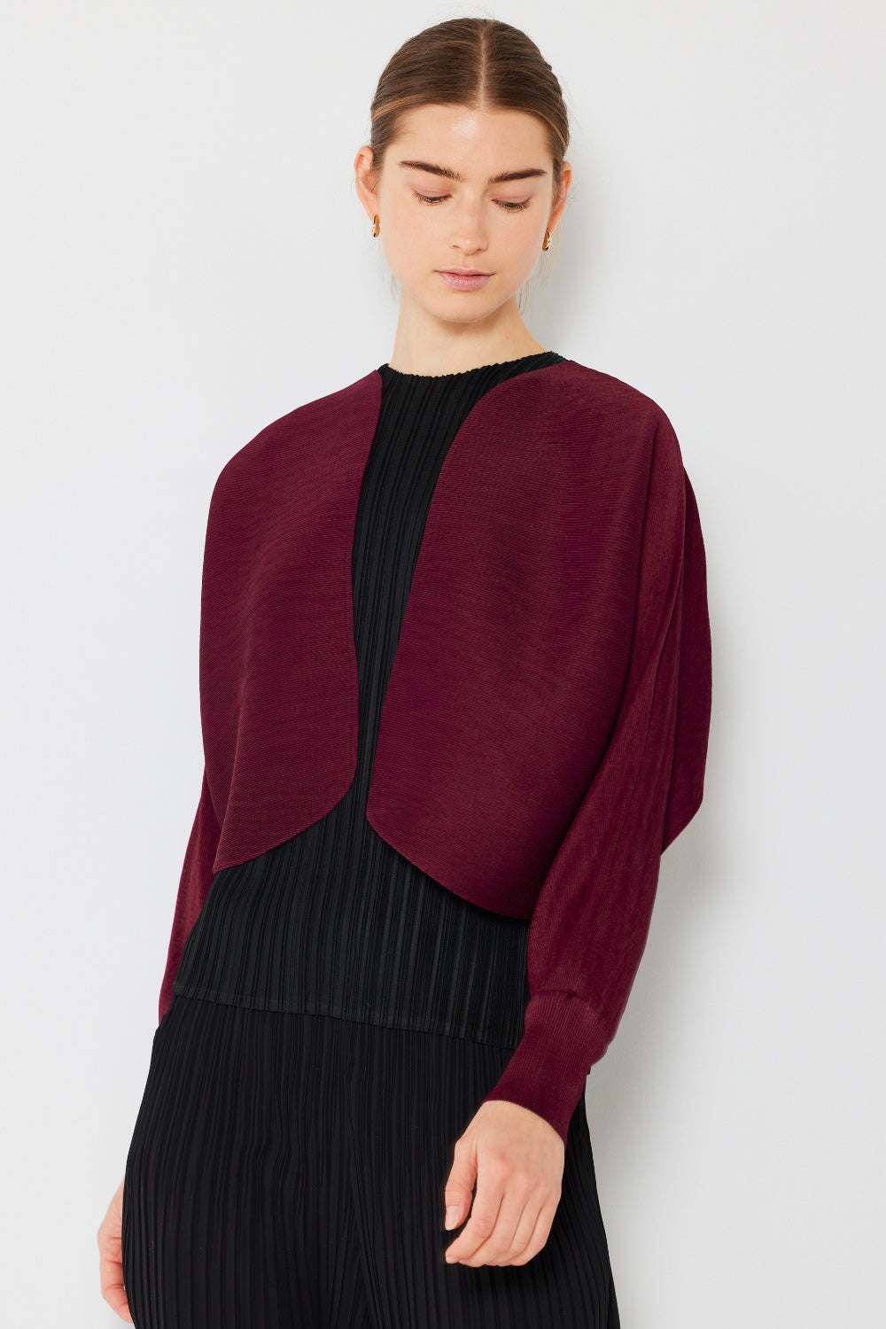 Marina West Swim Rib Pleated Puff Sleeve Bolero Cardigan Wine One Size