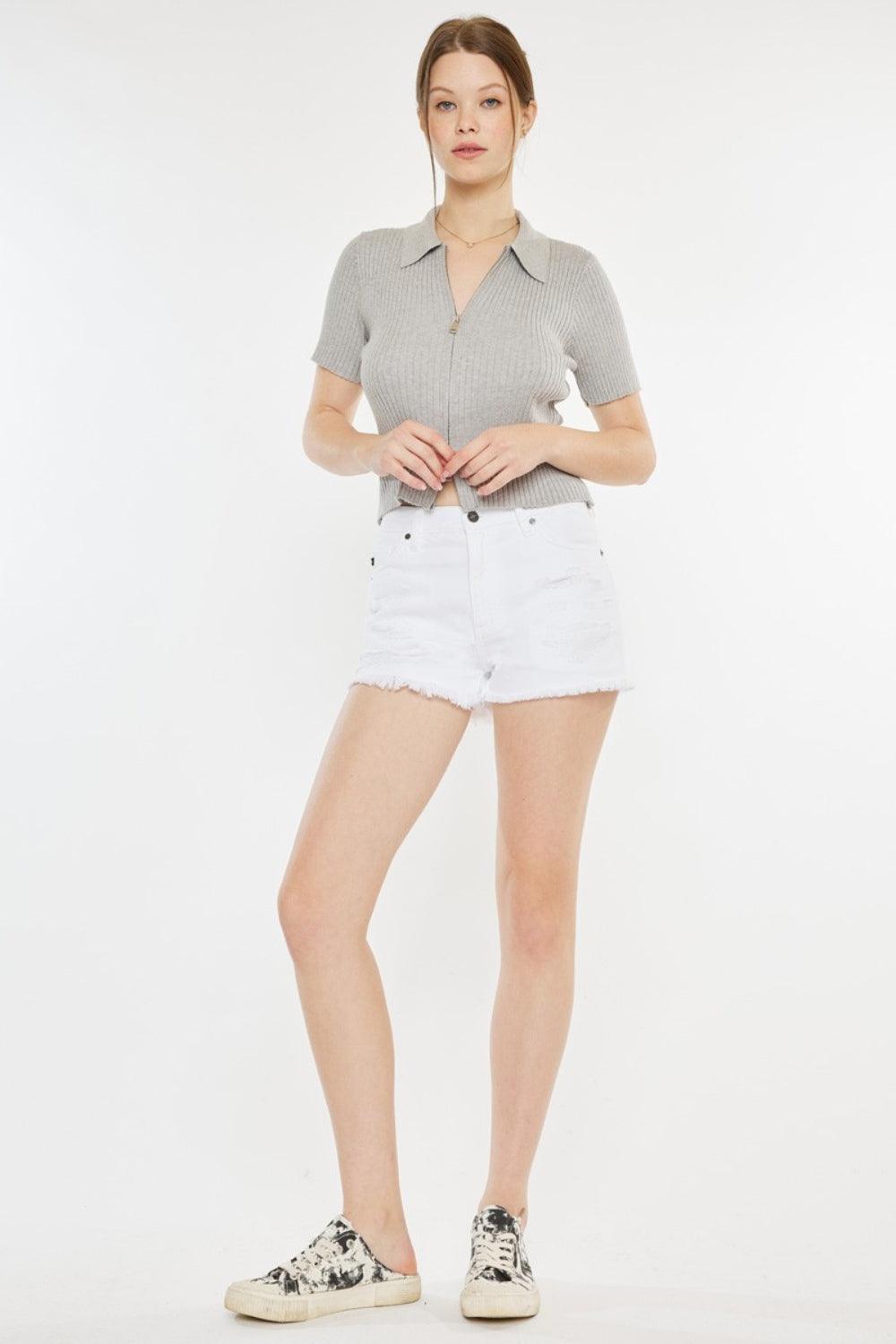 Kancan Raw Hem Distressed Denim Shorts White