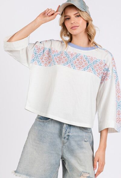 SAGE+FIG Patchwork Breeze Contrast Oversized T-Shirt White