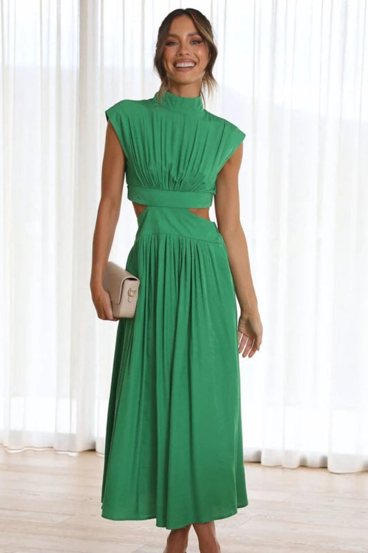 Cutout Mock Neck Sleeveless Ruched Dress Mid Green