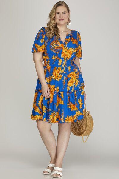 She + Sky Full Size Printed Notched Short Sleeve Frill Tiered Dress Plus Size