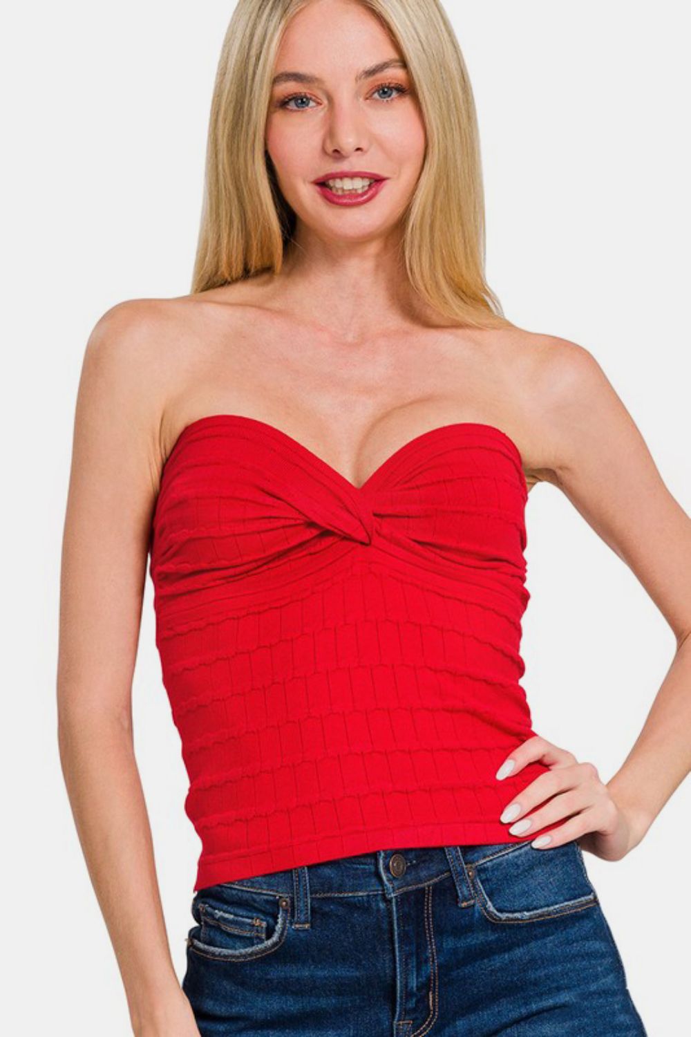 Zenana Ruched Twisted Sweetheart Neck Top Red