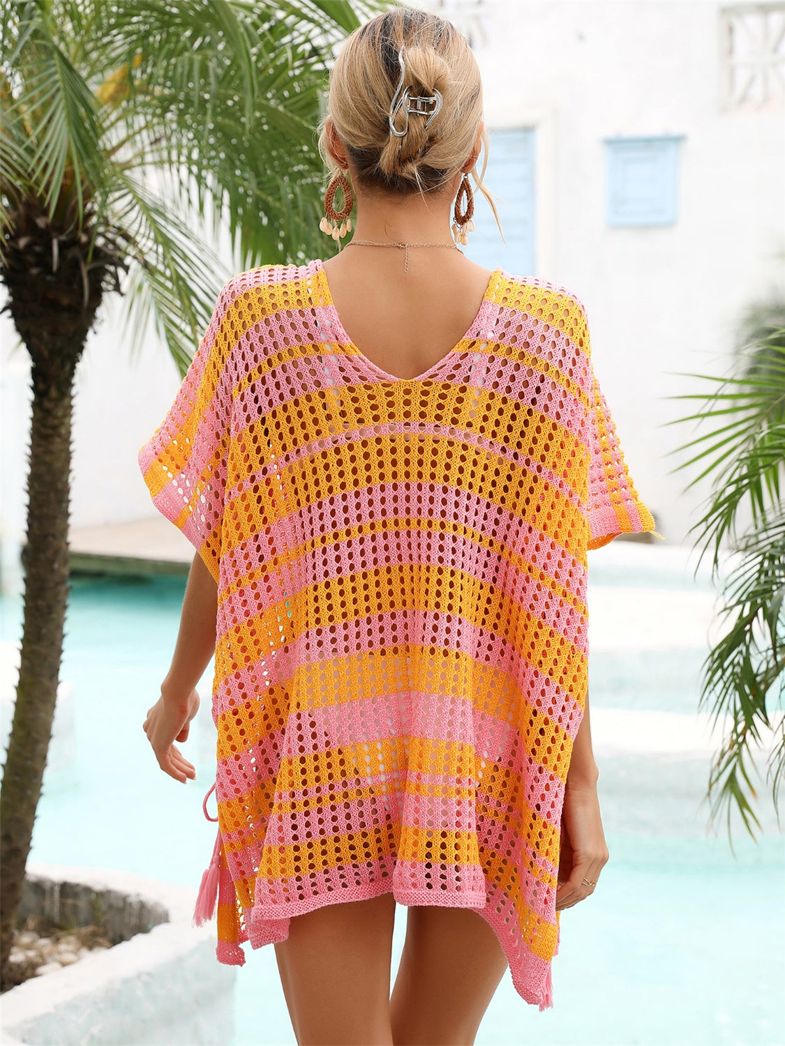 Tassel Openwork Striped V-Neck Cover Ups