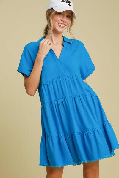 Umgee Full Size Raw Hem Folded Sleeve Tiered Dress Plus Size Blue