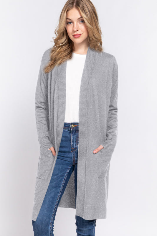 ACTIVE BASIC Open Front Rib Trim Long Sleeve Knit Cardigan HGREY