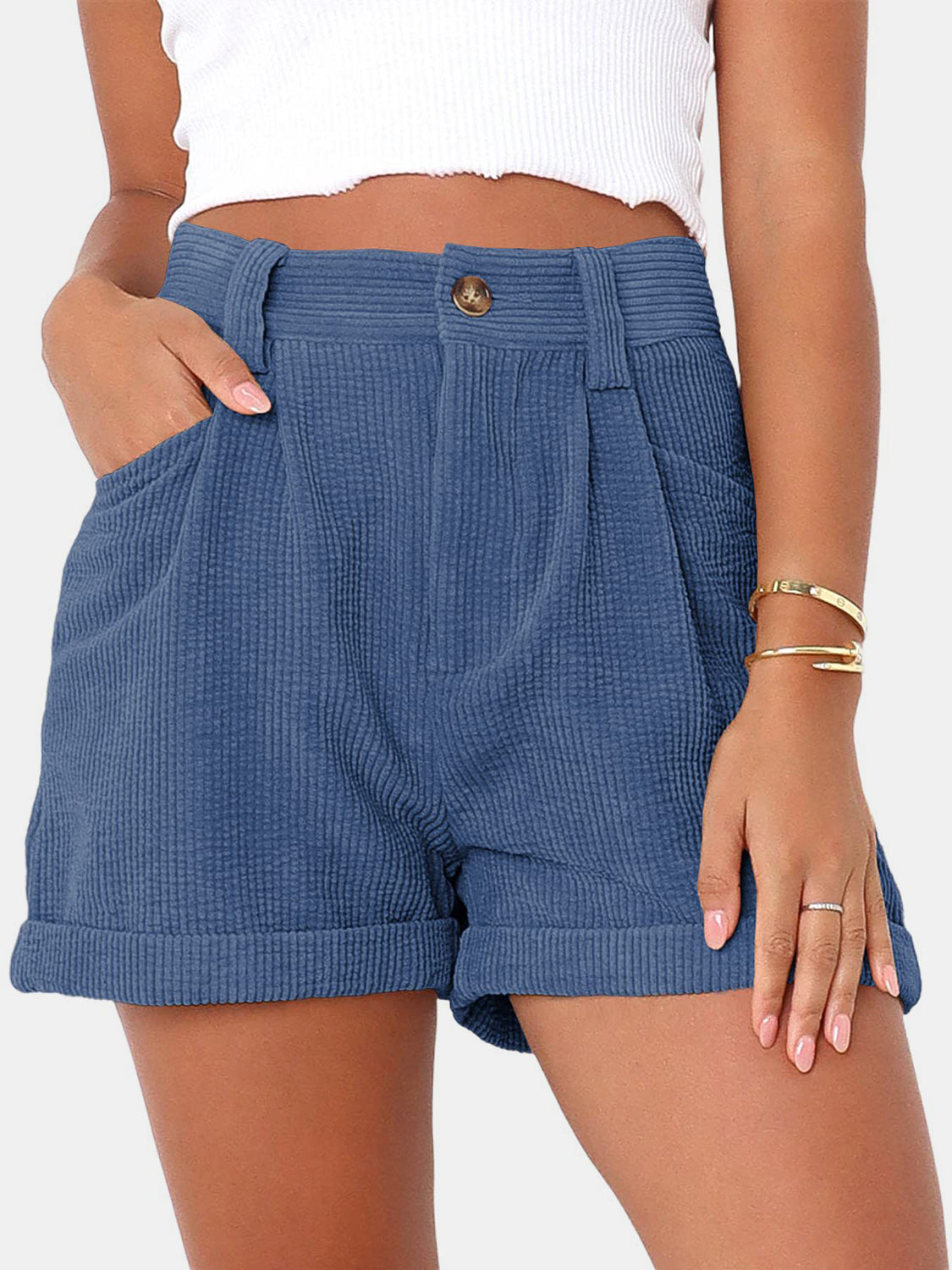 Full Size High Waist Shorts with Pockets Dusty Blue