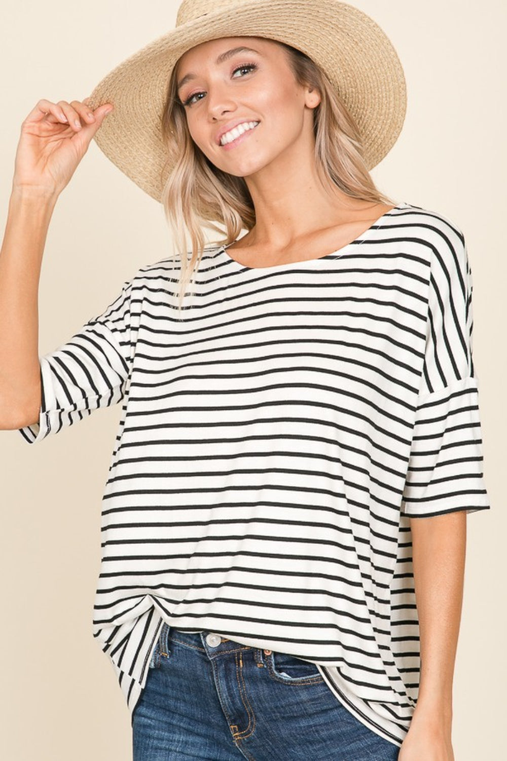 BOMBOM Striped Round Neck T-Shirt Ivory