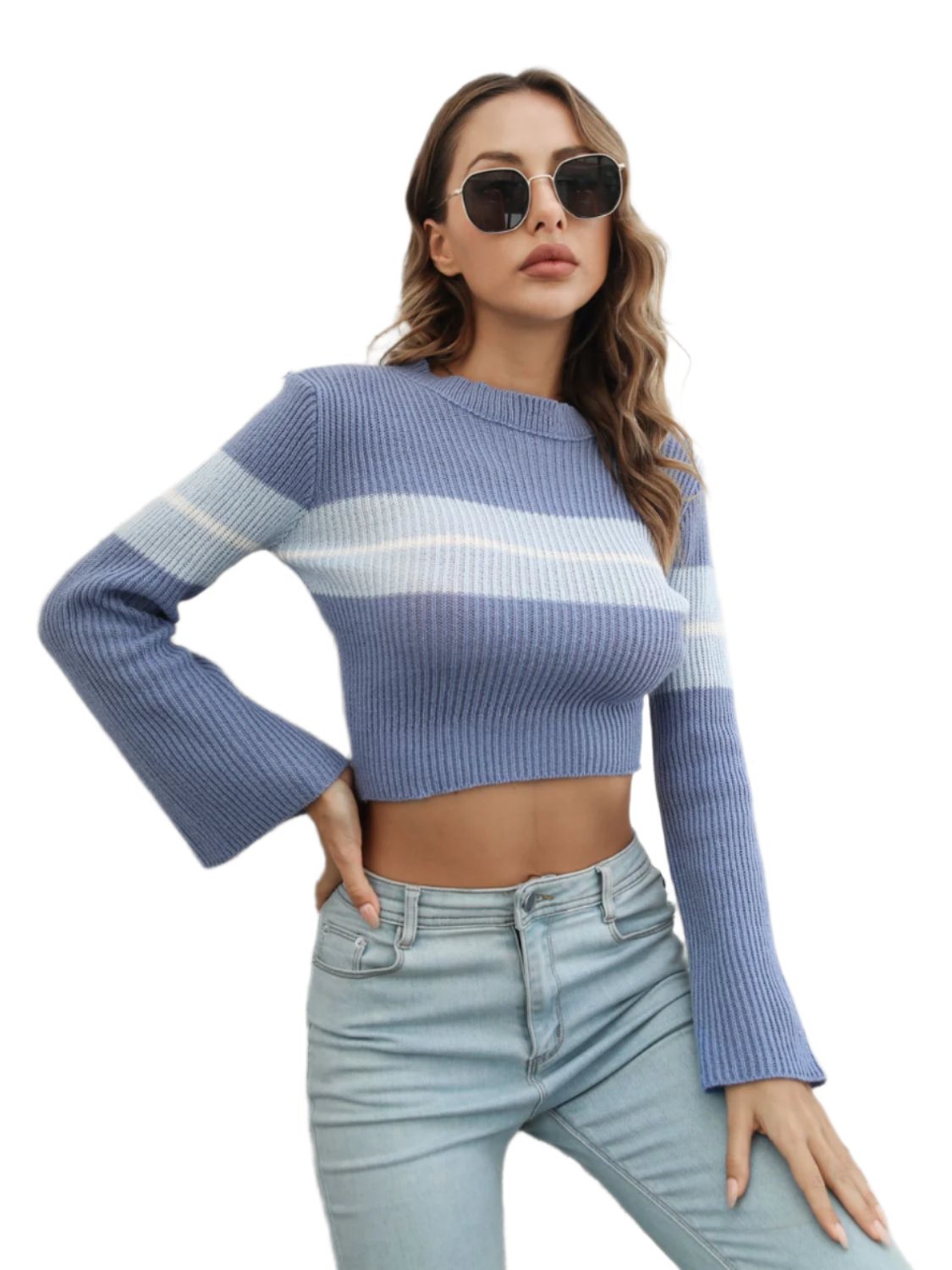 Ribbed Color Block Round Neck Cropped Sweater