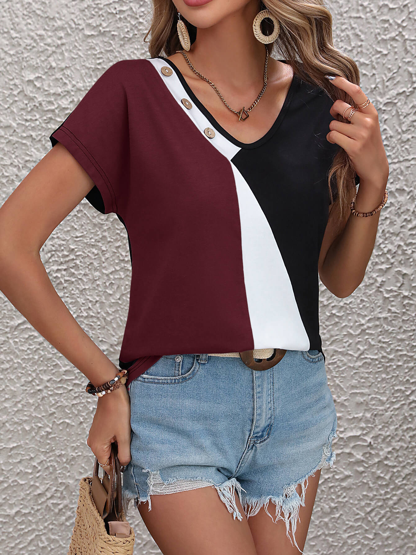 Ivy Lane Color Block Decorative Button V-Neck Tee