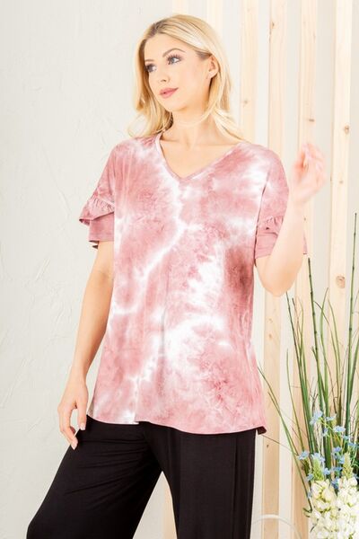 Heimish Full Size Ruffled Sleeve Tie Dye Top Plus Size