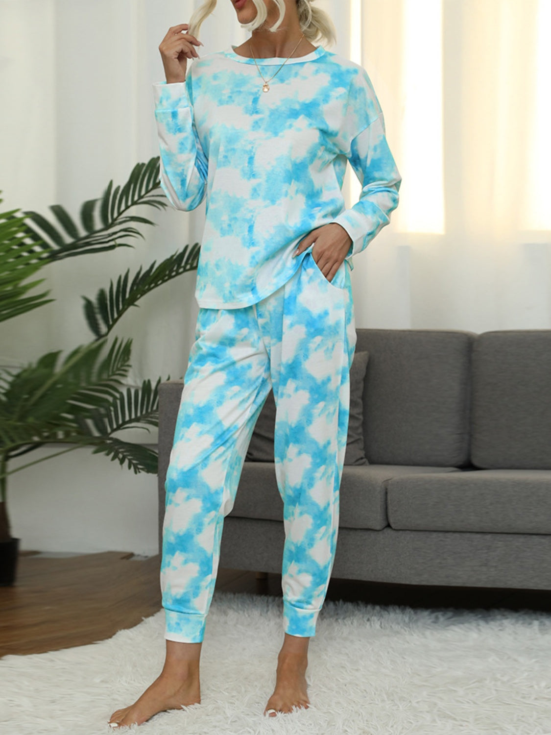 Tie-Dye Round Neck Top and Pants Lounge Set Light Blue