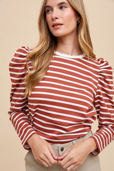 Annie Wear Striped Round Neck Puff Sleeve French Terry Top Rust