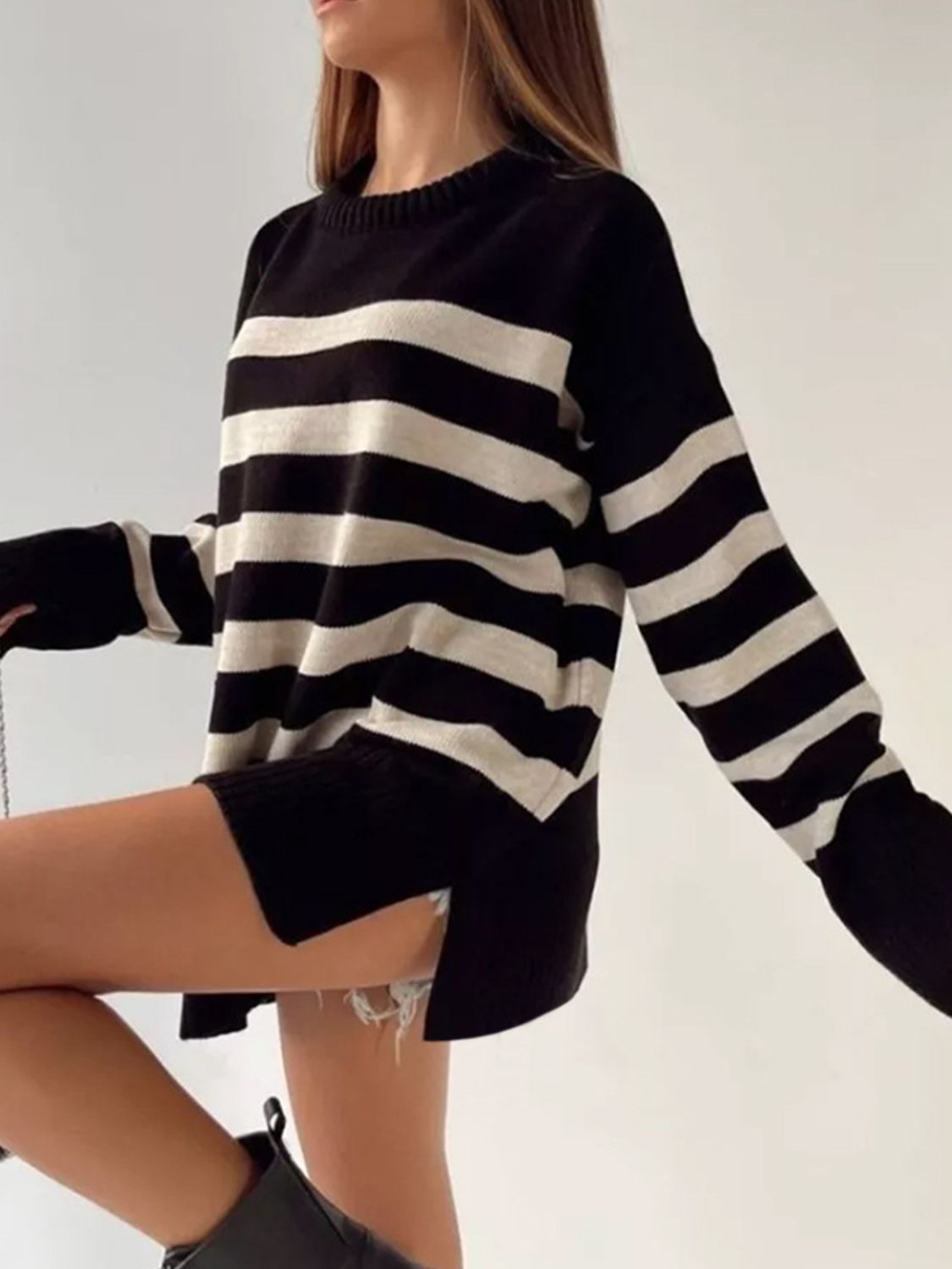 Slit Striped Round Neck Sweater