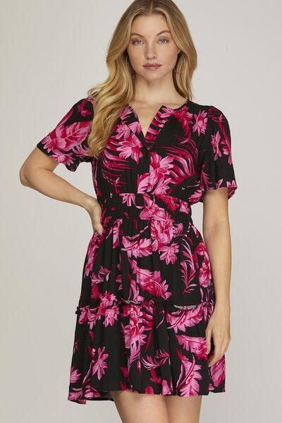 She + Sky Full Size Printed Notched Short Sleeve Frill Tiered Dress Plus Size Black