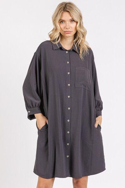 Mittoshop Airflow 3/4 Sleeve Buttoned Shirt Mini Dress CHARCOAL