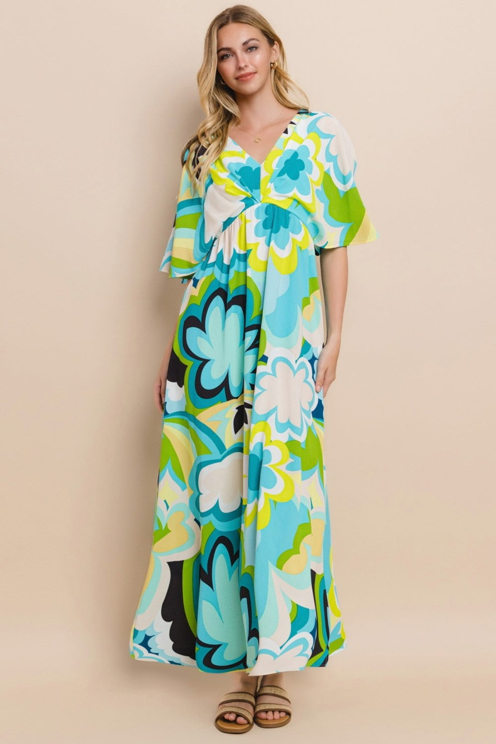 ODDI Floral Printed Slit Maxi Dress Blue Yellow