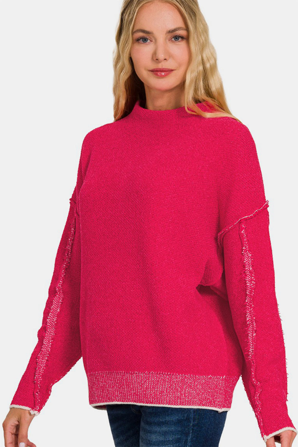 Zenana Exposed Seam Mock Neck Long Sleeve Sweater Viva Magenta