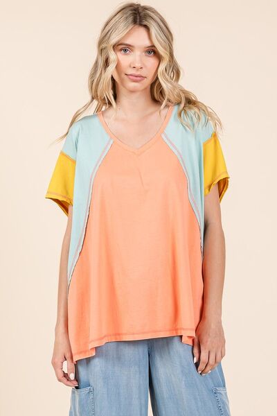 Mittoshop Color Block V-Neck Short Sleeve T-Shirt