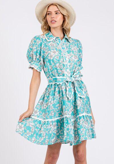 SAGE+FIG Vintage Floral Scalloped Mini Shirt Dress