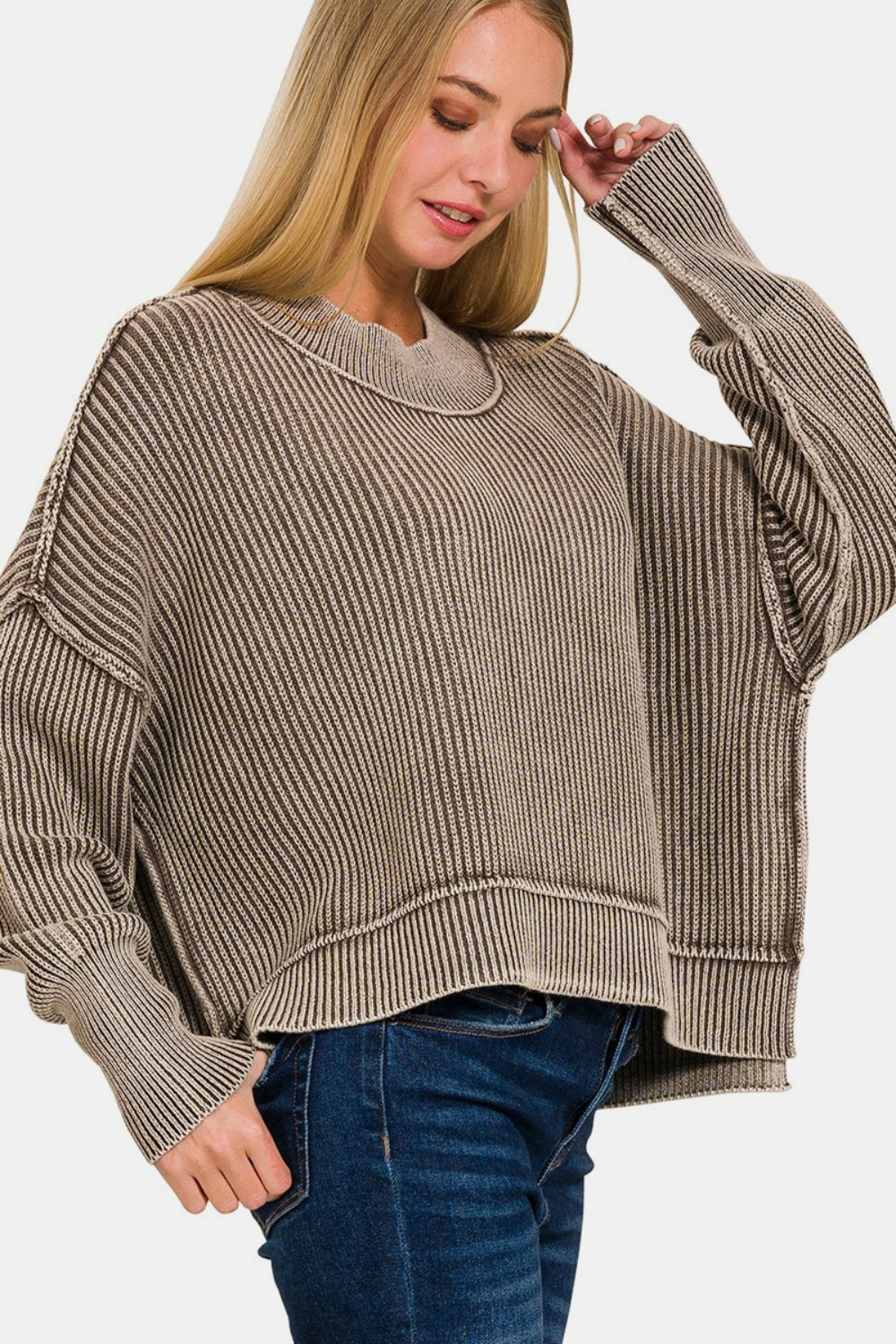 Zenana Exposed Seam Round Neck Dropped Shoulder Sweater Mocha