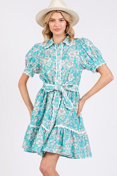 SAGE+FIG Vintage Floral Scalloped Mini Shirt Dress Tiffany Blue