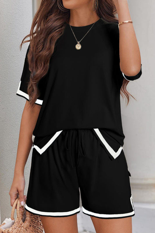 Contrast Trim Half Sleeve Top and Shorts Set Black