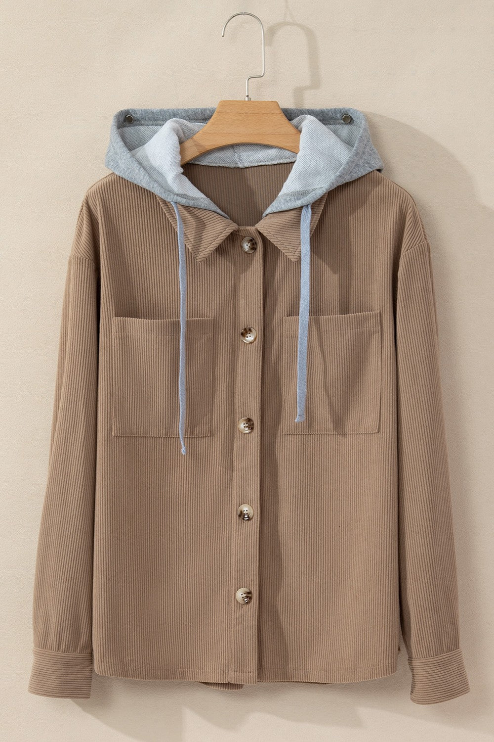 Drawstring Button Up Long Sleeve Hooded Jacket