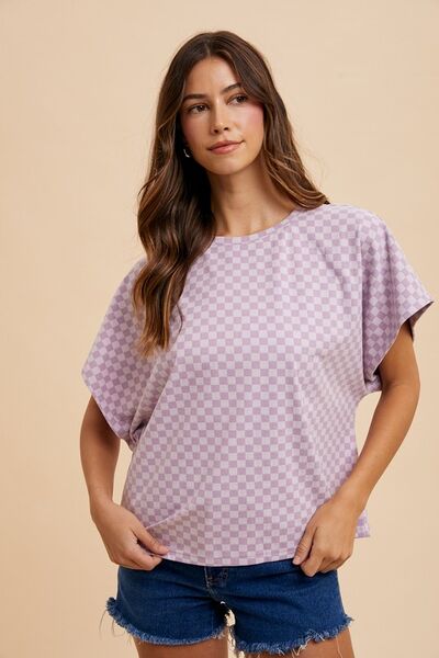 Annie Wear Checkered Round Neck Short Sleeve T-Shirt Lavender