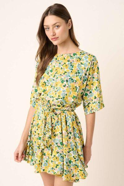 Mittoshop Floral Tie Waist Half Sleeve Mini Dress Yellow Combo