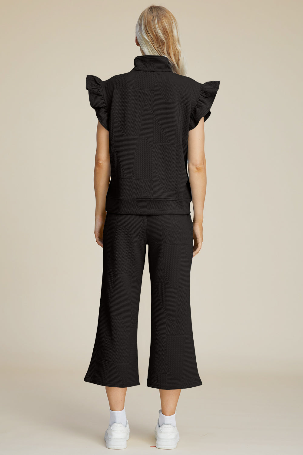 Double Take Full Size Texture Ruffle Short Sleeve Top and Wide Leg Pants Set