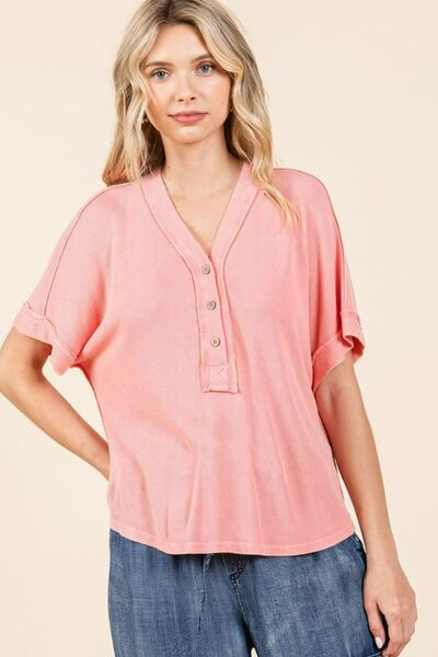 Mittoshop Mineral Wash Henley Short Sleeve Waffle Knit Top