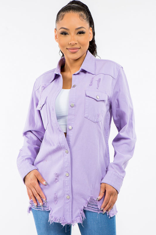 American Bazi Frayed Hem Distressed Denim Jacket Lavender