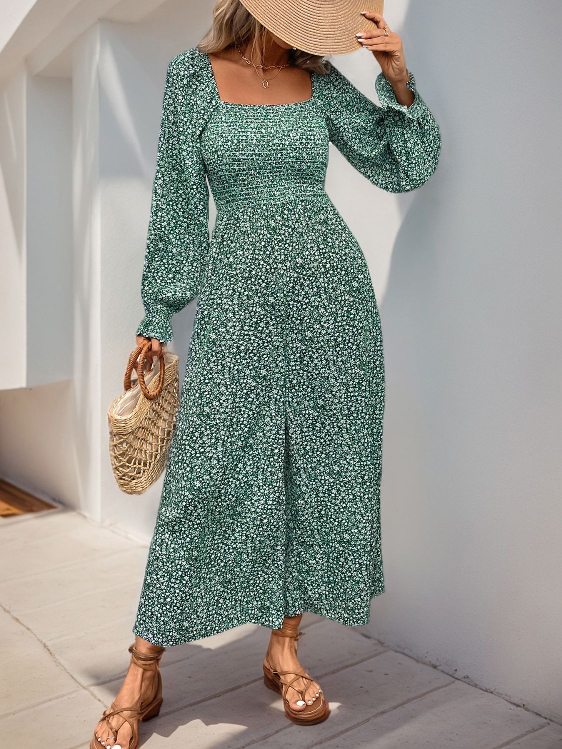 Perfee Smocked Printed Long Sleeve Wide Leg Jumpsuit