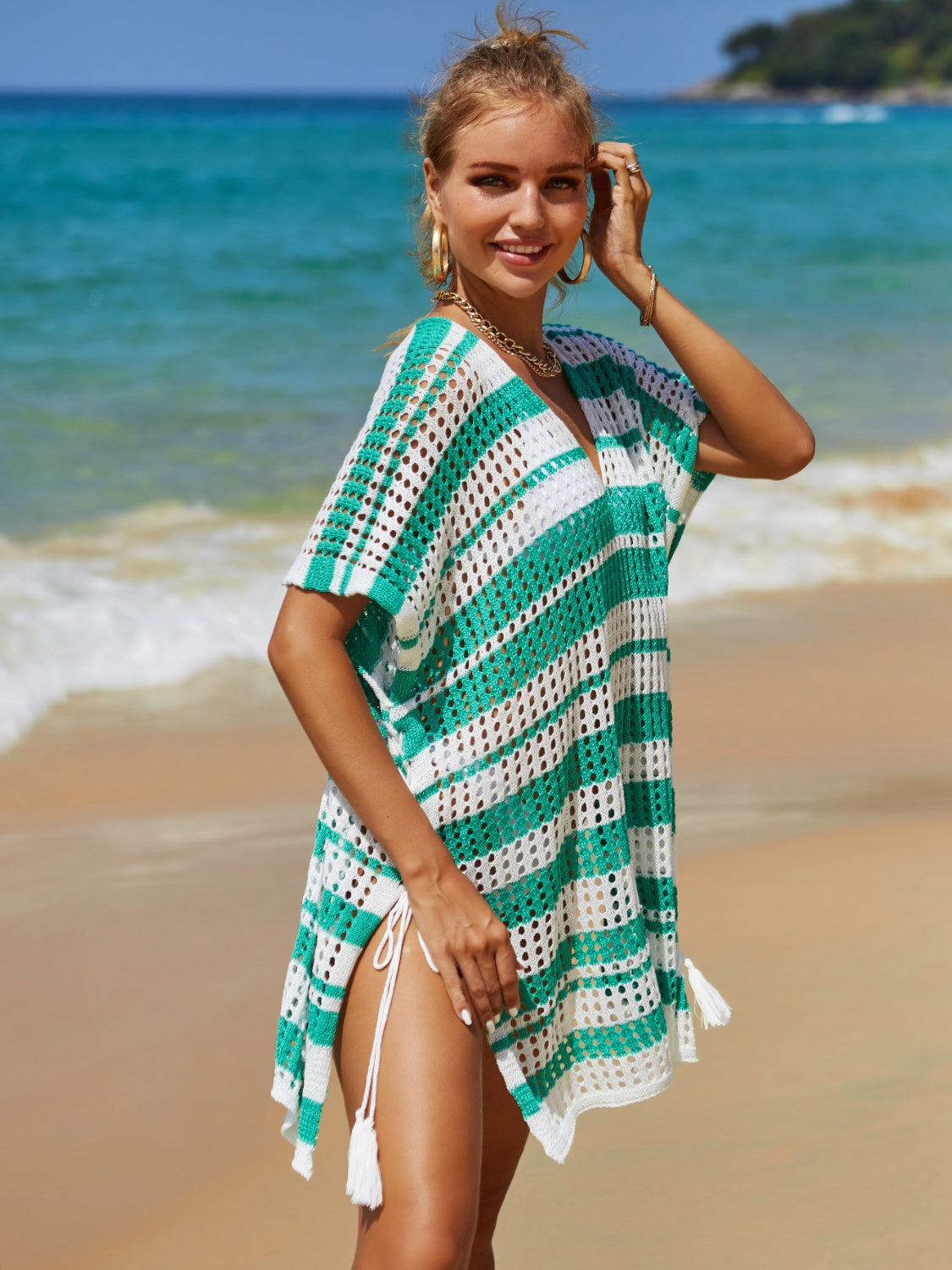 Tassel Openwork Striped V-Neck Cover Ups