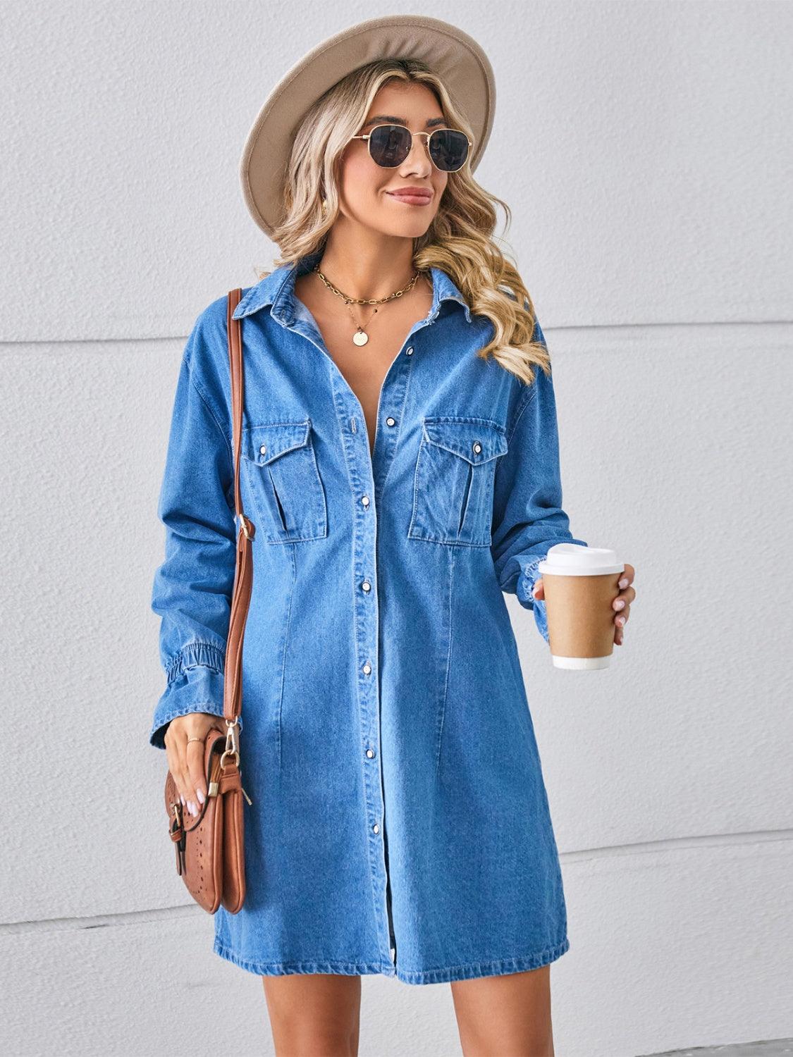 Pocketed Dropped Shoulder Mini Denim Dress Dusty Blue