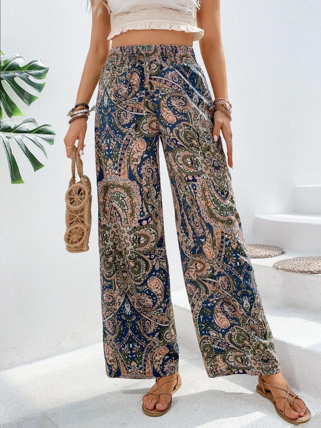 Printed Wide Leg Pants Peacock Blue