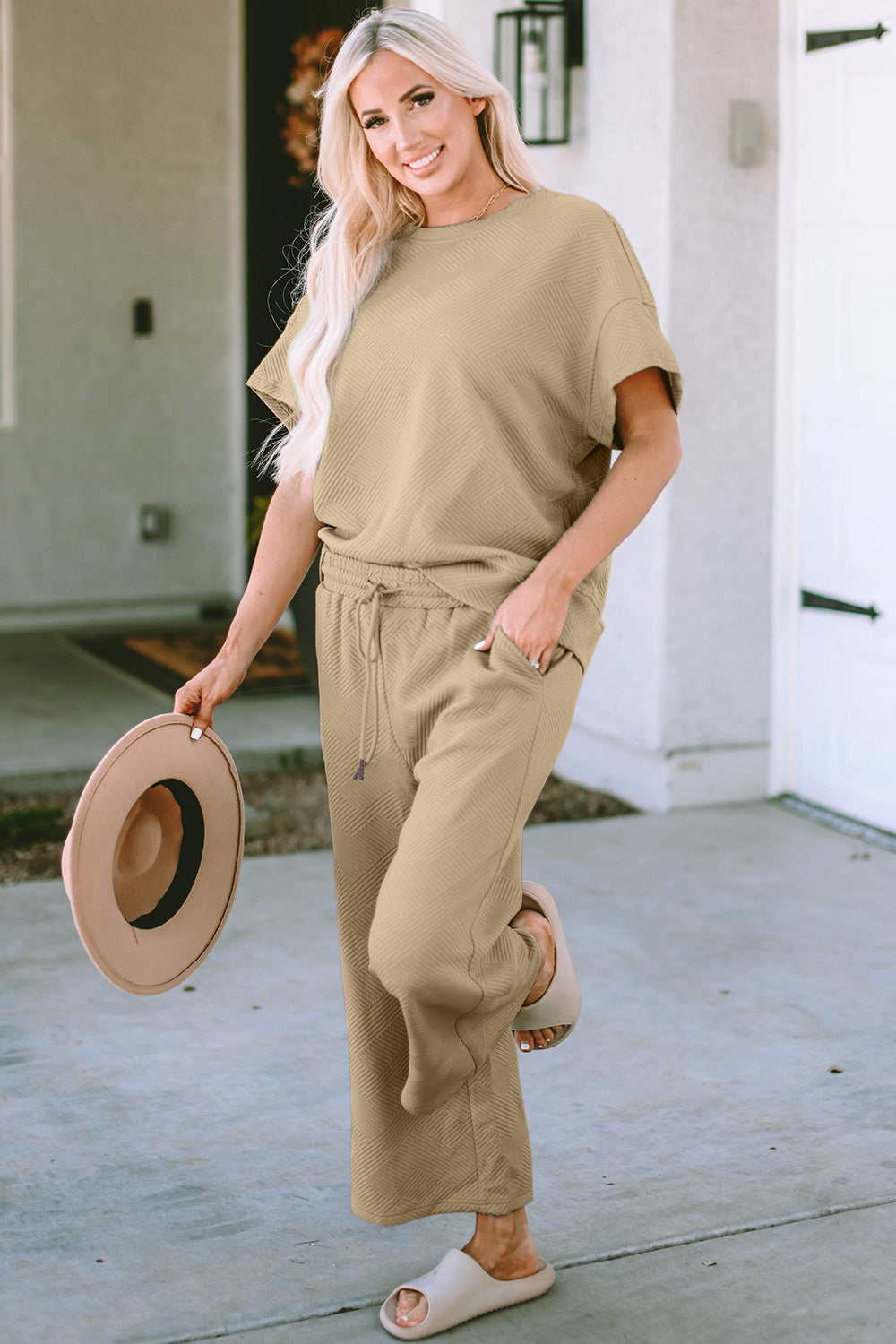 Double Take Full Size Texture Short Sleeve Top and Pants Set Camel