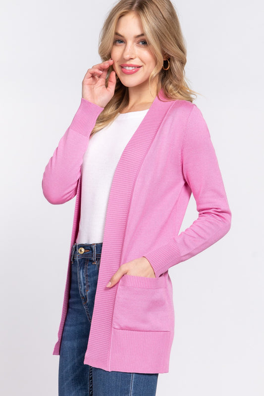 ACTIVE BASIC Ribbed Trim Open Front Cardigan PINK